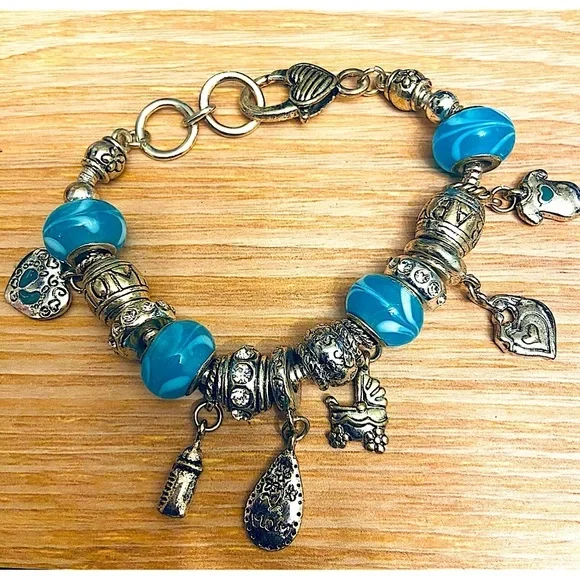 Mom of Baby Chunky Charms Wrist Heart Lobster Claw Bracelet in Silver and Blue - Picture 1 of 5